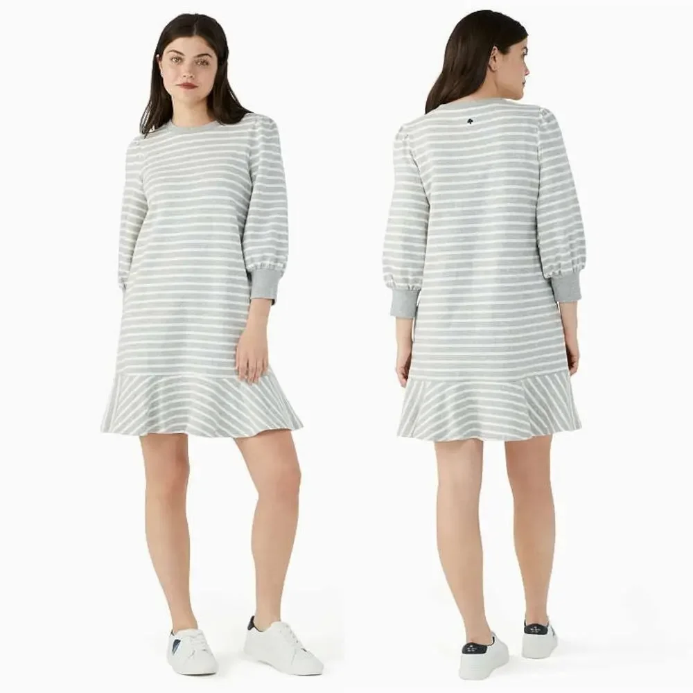 New $219 KATE SPADE Sailing Stripe Sweatshirt Dress Ruffle Flounce Sundress Gray